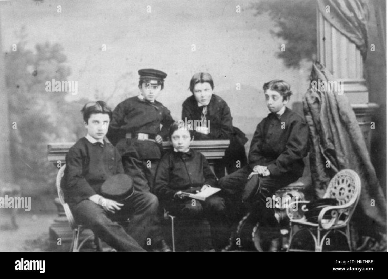 This photograph captures the children of Prince Marcantonio V Borghese, a prominent figure of the Italian noble Borghese family. The portrait emphasizes the aristocratic lineage and historical significance of the Borghese dynasty in Italy. The children are depicted in formal attire, reflecting the style and cultural atmosphere of the time. Stock Photo
