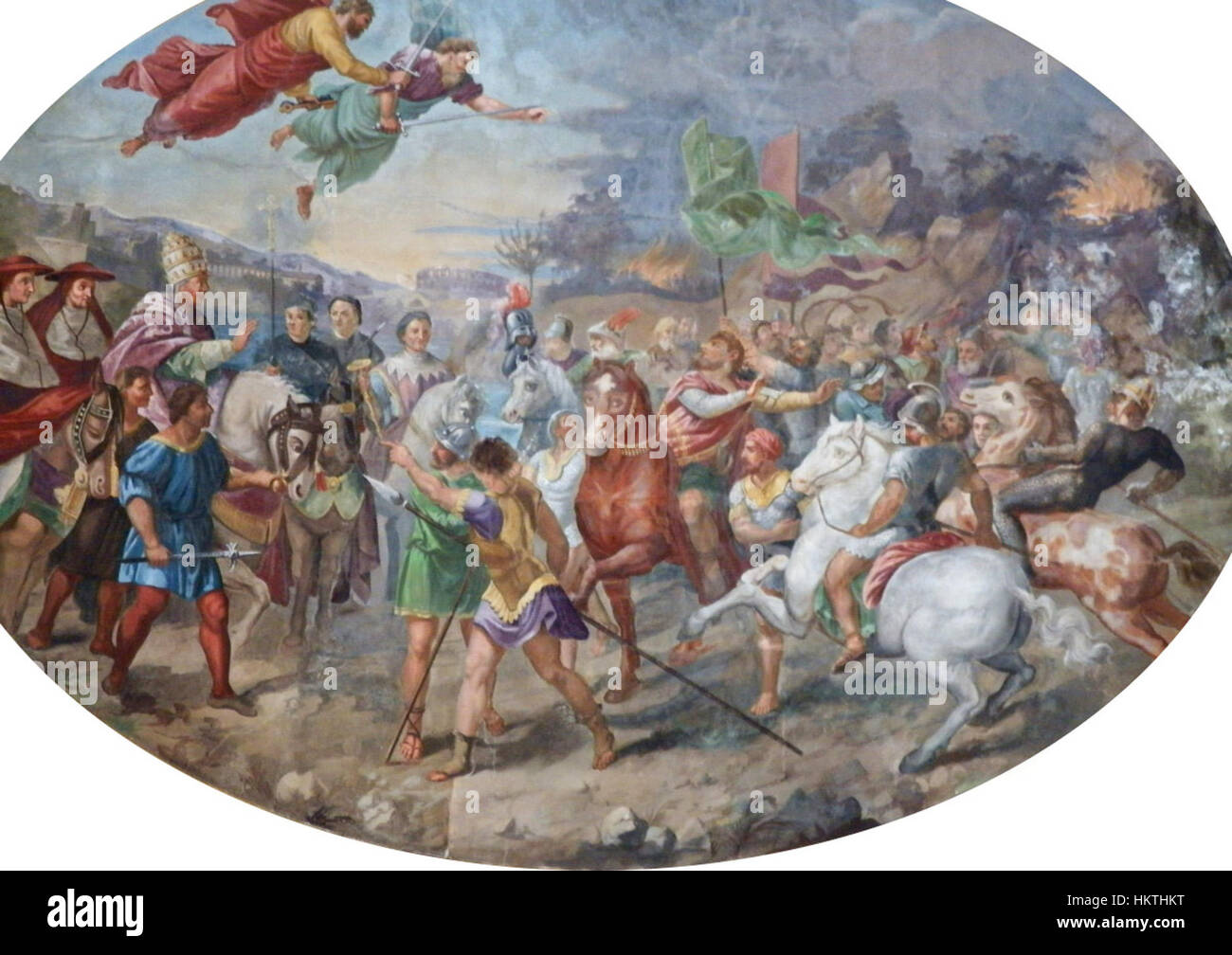 This painting by Francesco Barazzutti depicts the legendary confrontation between the great Roman emperor, Leon, and the Huns' leader, Attila. The artwork portrays a dramatic historical moment, captured in Barazzutti's distinctive style. The battle between the two figures is rendered in vivid detail, emphasizing both historical and artistic significance. Stock Photo