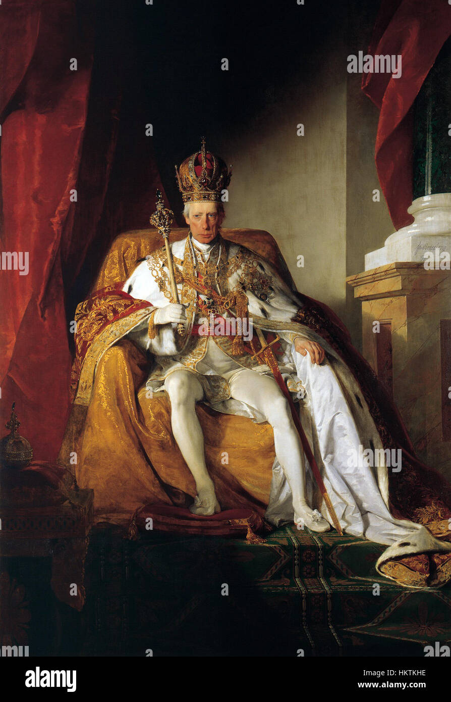 A portrait of Francis II, Holy Roman Emperor, painted by Friedrich von Amerling. This work showcases the emperor in his regalia, embodying the grandeur of the Holy Roman Empire during the 19th century. Stock Photo