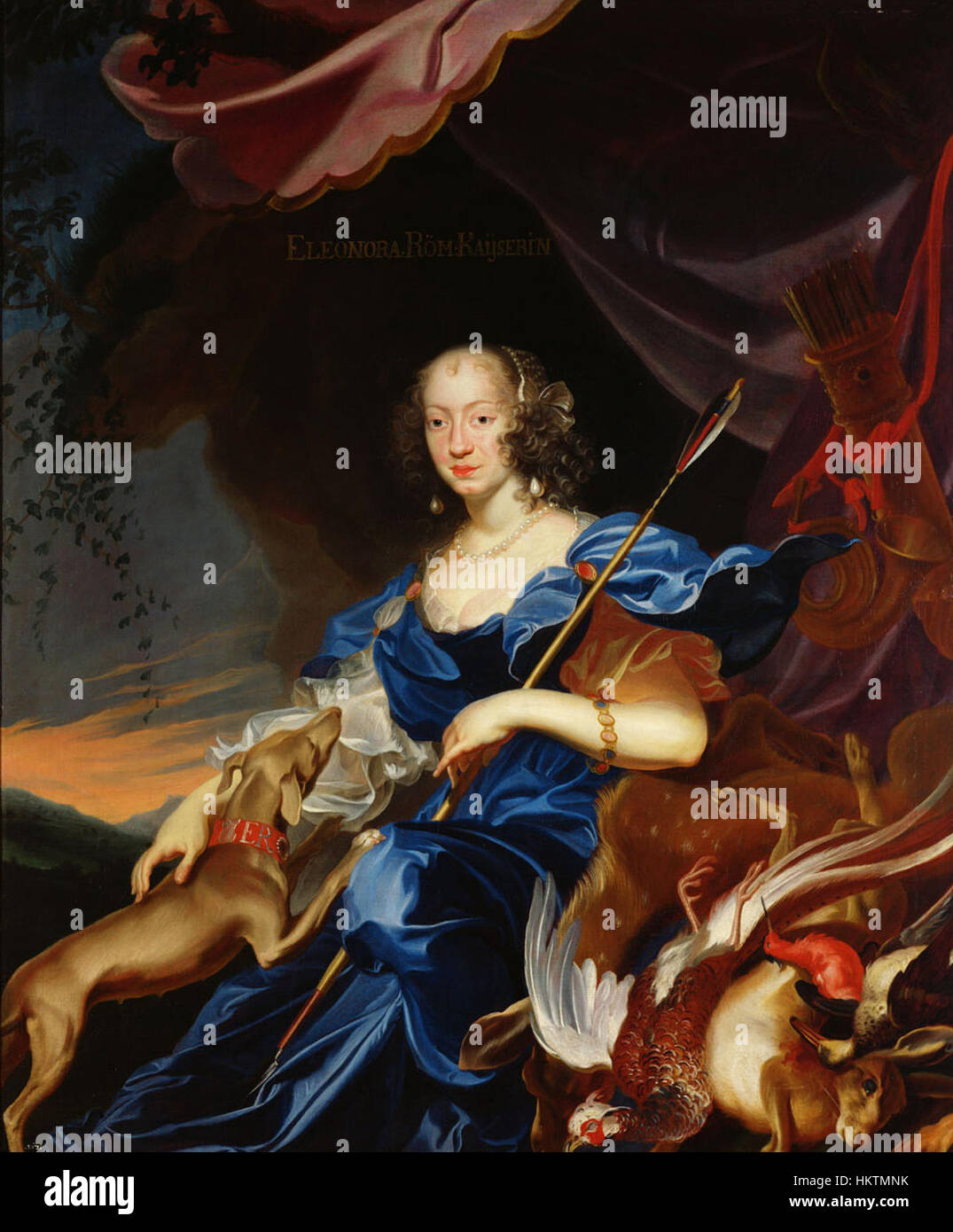 A painting by Frans Luycx, depicting Eleonora Gonzaga as Diana, the Roman goddess of the hunt, representing her role as the Holy Empress and third wife of Ferdinand III. The portrait blends historical and mythological elements. Stock Photo