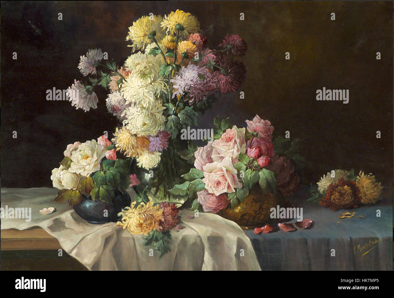 A still life painting by Frans Mortelmans depicting three vases filled ...