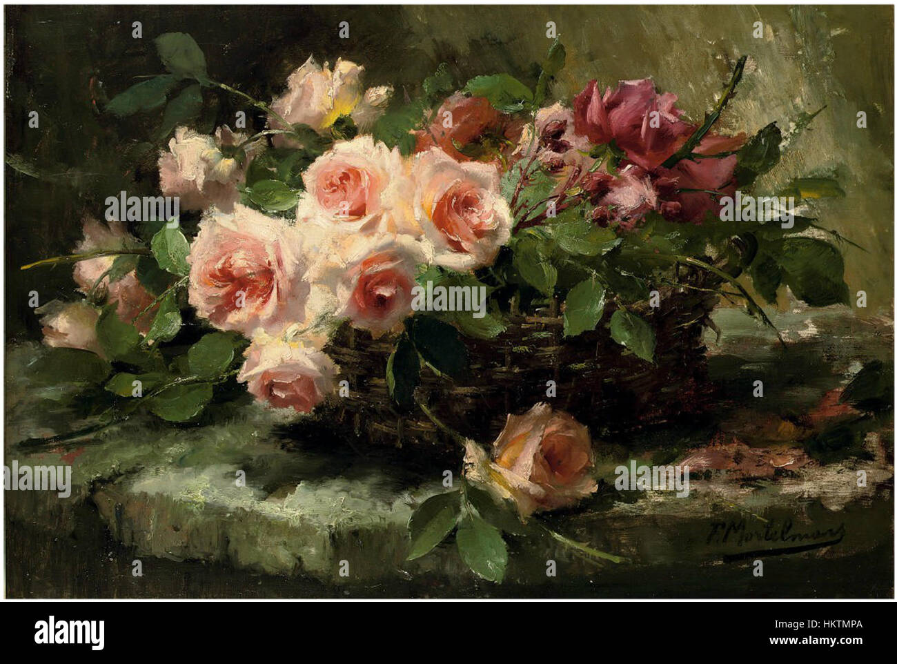 Frans Mortelmans' painting of pink roses in a basket showcases his ...