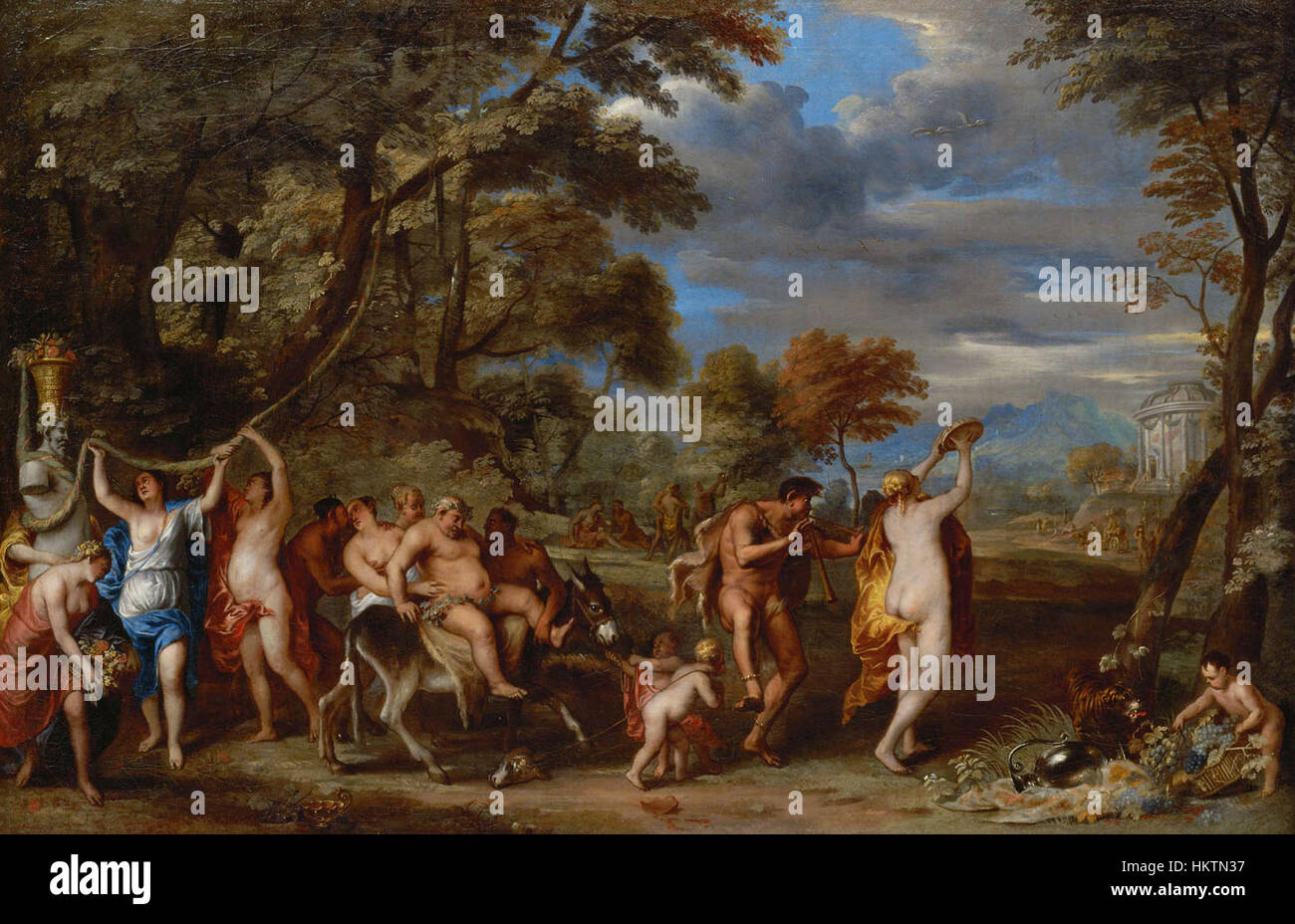 'Bacchanal' by Frans Wouters is a classic depiction of a revelry scene, inspired by ancient Roman themes of festivity and wine. This painting captures dynamic movement and dramatic emotion through vibrant colors and detailed figures. Stock Photo