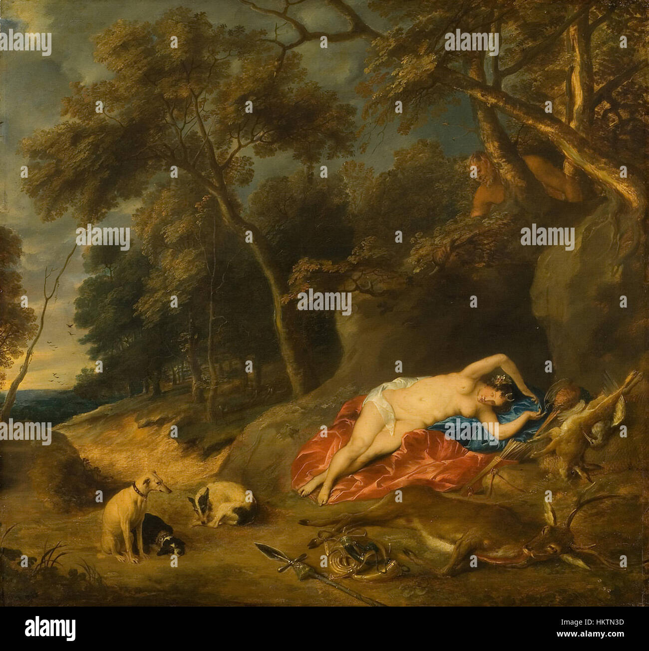'Landscape with Diana Resting' by Frans Wouters, depicting the Roman goddess Diana in a tranquil outdoor setting. The painting showcases Wouters' expertise in capturing classical figures within a natural landscape. Stock Photo