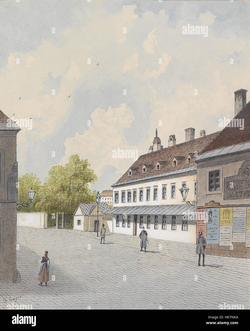 The painting 'Franz Sager Wien Linie' features a historical depiction of the Wiener Linie, highlighting the architectural and cultural significance of Vienna's infrastructure. Sager's detailed work captures the city's unique heritage through its transportation and urban landscape. Stock Photo