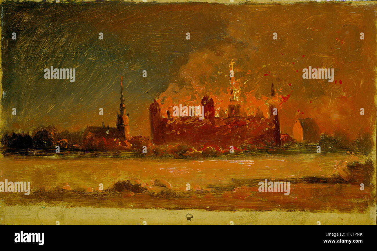 This dramatic artwork depicts the historic event of the fire at ...
