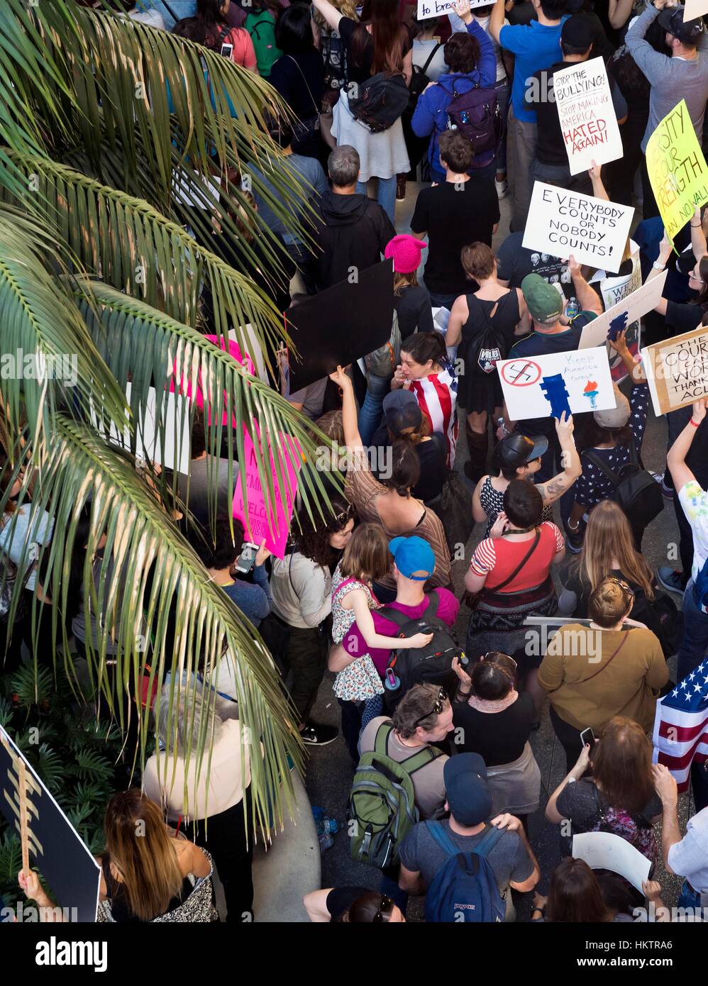 Los Angeles, USA. 29th Jan, 2017. For the second day in a row, people gather at the Tom Bradley International Terminal at Los Angeles International Airport to protest President Trump's executive order on immigration. Signed two days ago, the order barred the entry of all refugees to the United States for the next 120 days and for 90 days for citizens of seven predominantly Muslim countries. Credit: Brian Cahn/ZUMA Wire/Alamy Live News Stock Photo