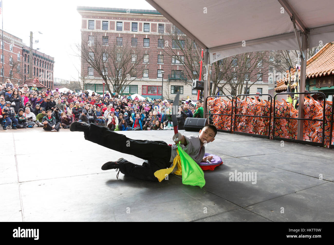 Seattle, USA. 29th Jan 2017. A young member of the Mak Fai Kung Fu Club performs at the Lunar New Year Celebration 2017 in the Chinatown-International District. Credit: Paul Gordon/Alamy Live News Stock Photo