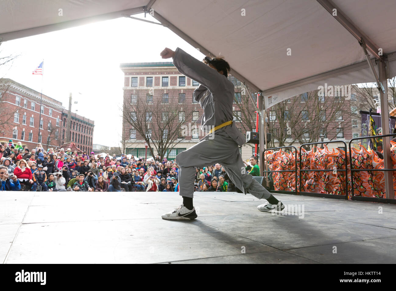 Seattle, USA. 29th Jan 2017. Member of the Mak Fai Kung Fu Club performs at the Lunar New Year Celebration 2017 in the Chinatown-International District. Credit: Paul Gordon/Alamy Live News Stock Photo