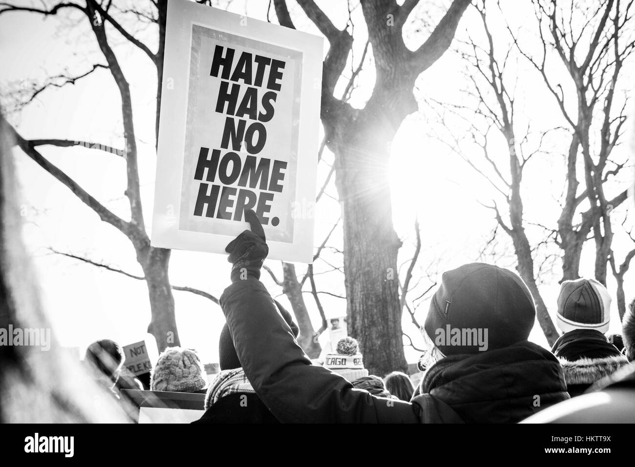New York City, USA. 29th Jan, 2017. Protestors and marches at a rally to support immigrants and express outrage in the wake of President Donald Trump's ban on immigrants and Muslims to the United States. The march started wwith a rally in Battery Park, near the Statue of Liberty and marched uptown with thousands of people. Credit: Brigette Supernova/Alamy Live News Stock Photo