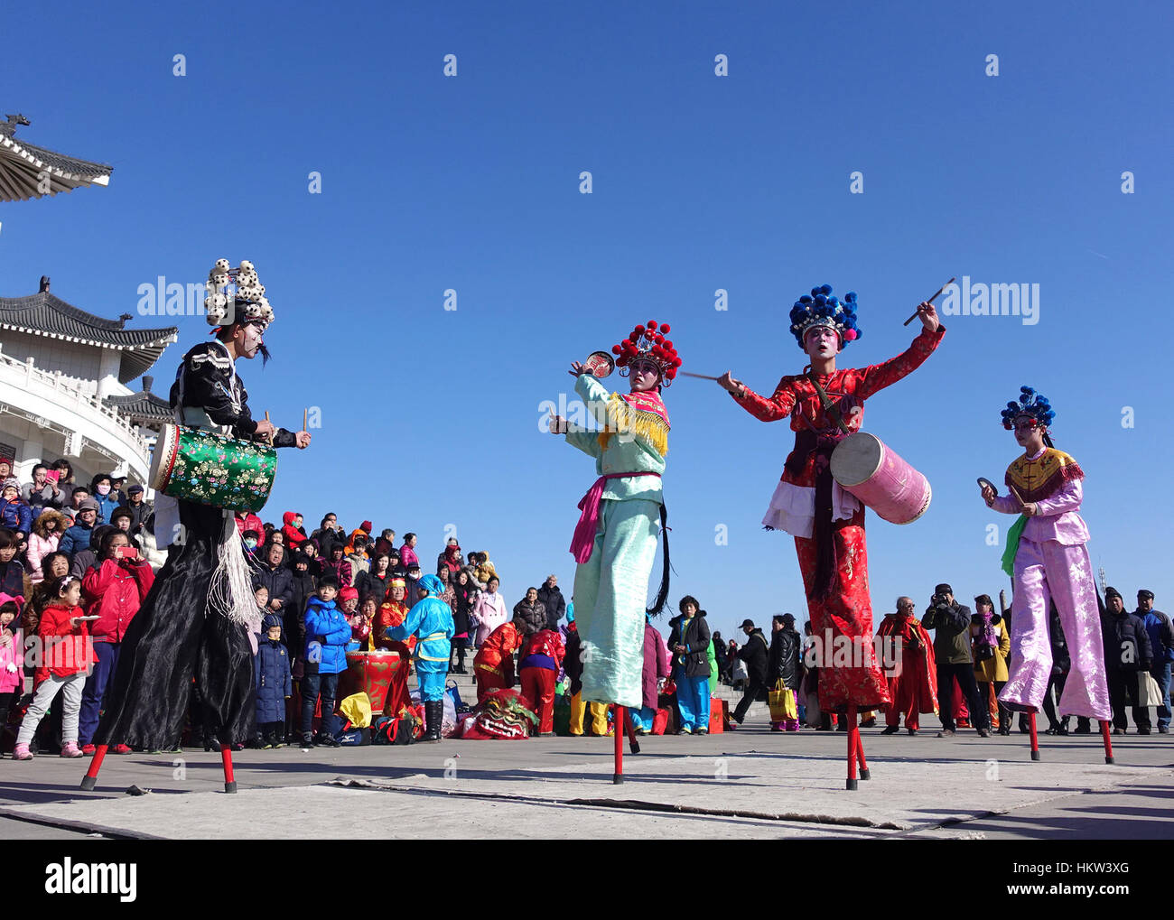 Tianjin, China. 30th Jan, 2017. Actors perform walking on stilts at a temple fair during the week-long Spring Festival holiday in Tianjin, north China, Jan. 30, 2017. Credit: Liu Xiaochuan/Xinhua/Alamy Live News Stock Photo