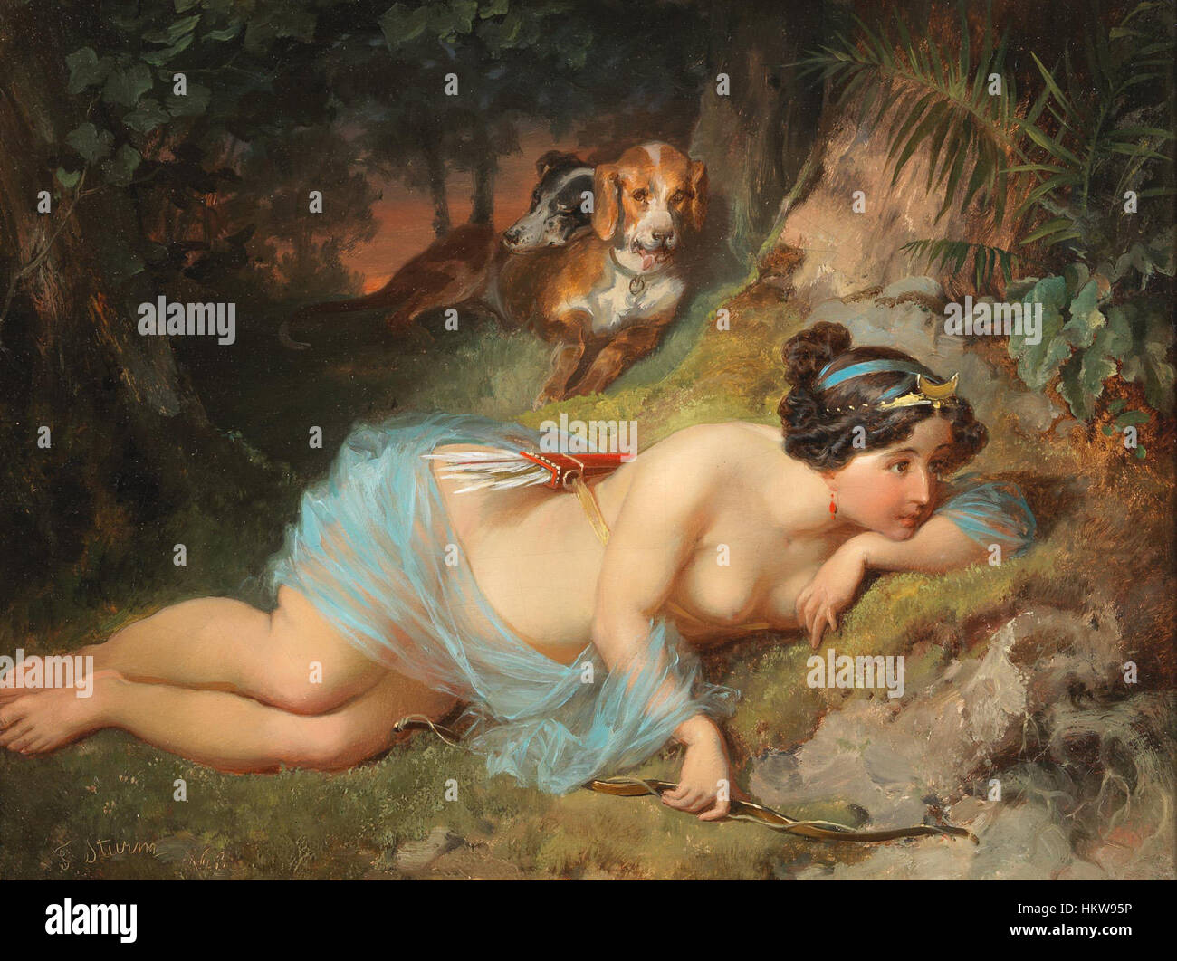 Friedrich Sturm's 1863 painting of Diana depicts the Roman goddess of the hunt in a classical style, capturing her graceful and powerful presence. The painting reflects the artist’s ability to portray mythological figures with elegance and depth. Stock Photo