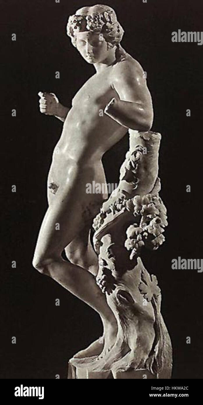The sculpture 'Baco' by F. Duquesnoy, located in the Doria Pamphili Gallery, depicts Bacchus, the Roman god of wine, captured in dramatic detail and showcasing Baroque artistic techniques. Stock Photo