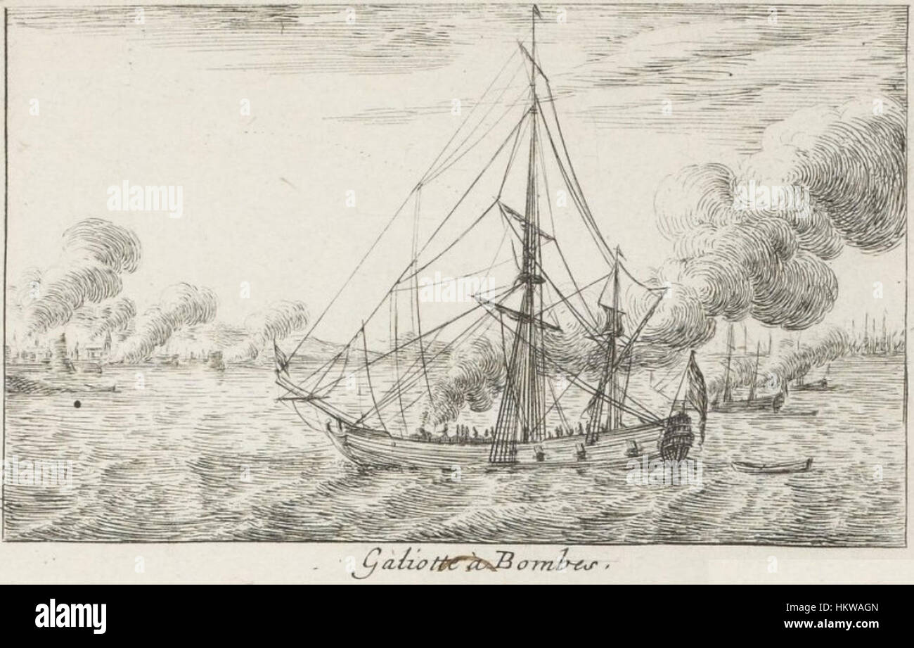 This 1710 painting depicts a bomb ship, a type of vessel used during the early 18th century for naval bombardment, emphasizing its role in maritime warfare during the period. Stock Photo