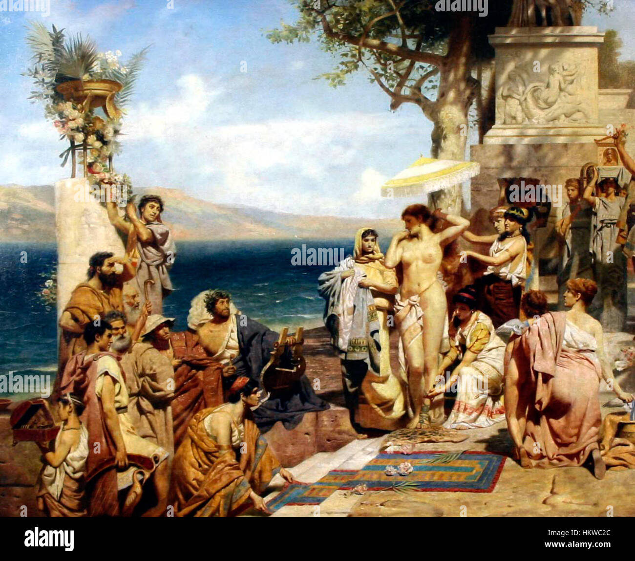 Genrich Ippolitovich Semiradsky's 1882 painting 'Roma' explores the grandeur of ancient Rome, with intricate depictions of Roman life and architecture. The oil painting reflects the artist's mastery of light and detail. Stock Photo