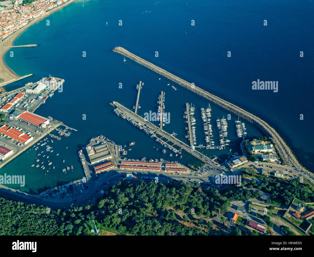 Aerial View of Sesimbra Town and Port, Portugal Stock Photo