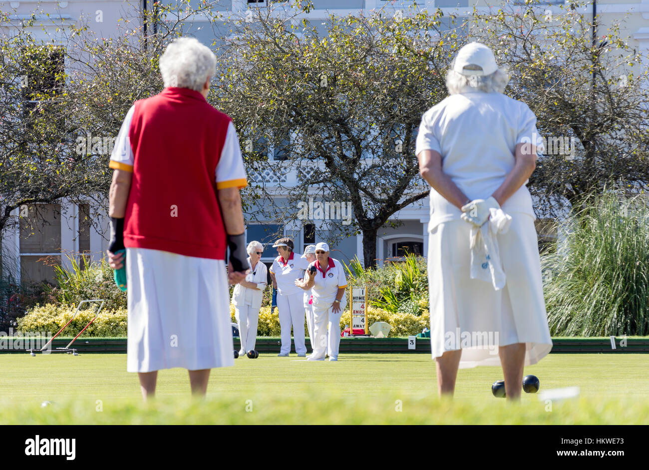 Women playing bowls at The Hoe Public Bowling Club, Plymouth Hoe, Plymouth, Devon, England