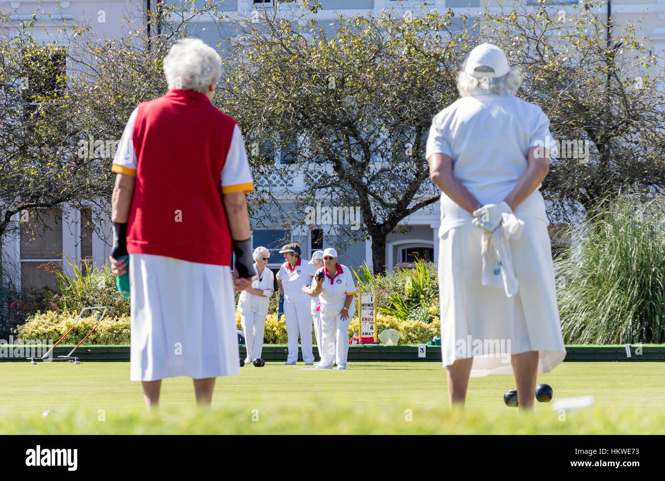 Women playing bowls at The Hoe Public Bowling Club, Plymouth Hoe, Plymouth, Devon, England, United Kingdom Stock Photo