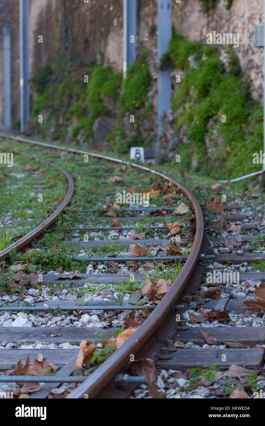 Oold Rails old rails for train near of stone wall Stock Photo - Alamy