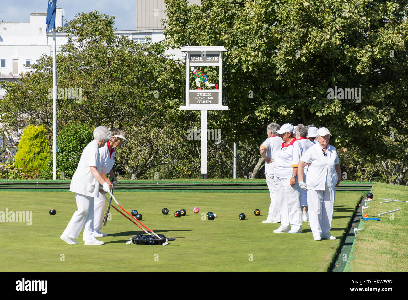 Women playing bowls at The Hoe Public Bowling Club, Plymouth Hoe, Plymouth, Devon, England, United Kingdom Stock Photo