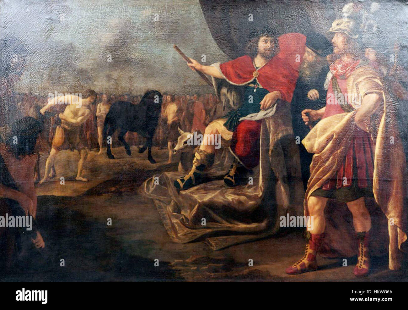 Gerard van Kuijl's 1638 painting 'Quintus Sertorius and the Horse Tail' depicts the Roman general Sertorius, showcasing his leadership and military prowess. The artwork highlights the dramatic moment in history when Sertorius displayed the horse tail as a symbol of his defiance against Rome. Stock Photo