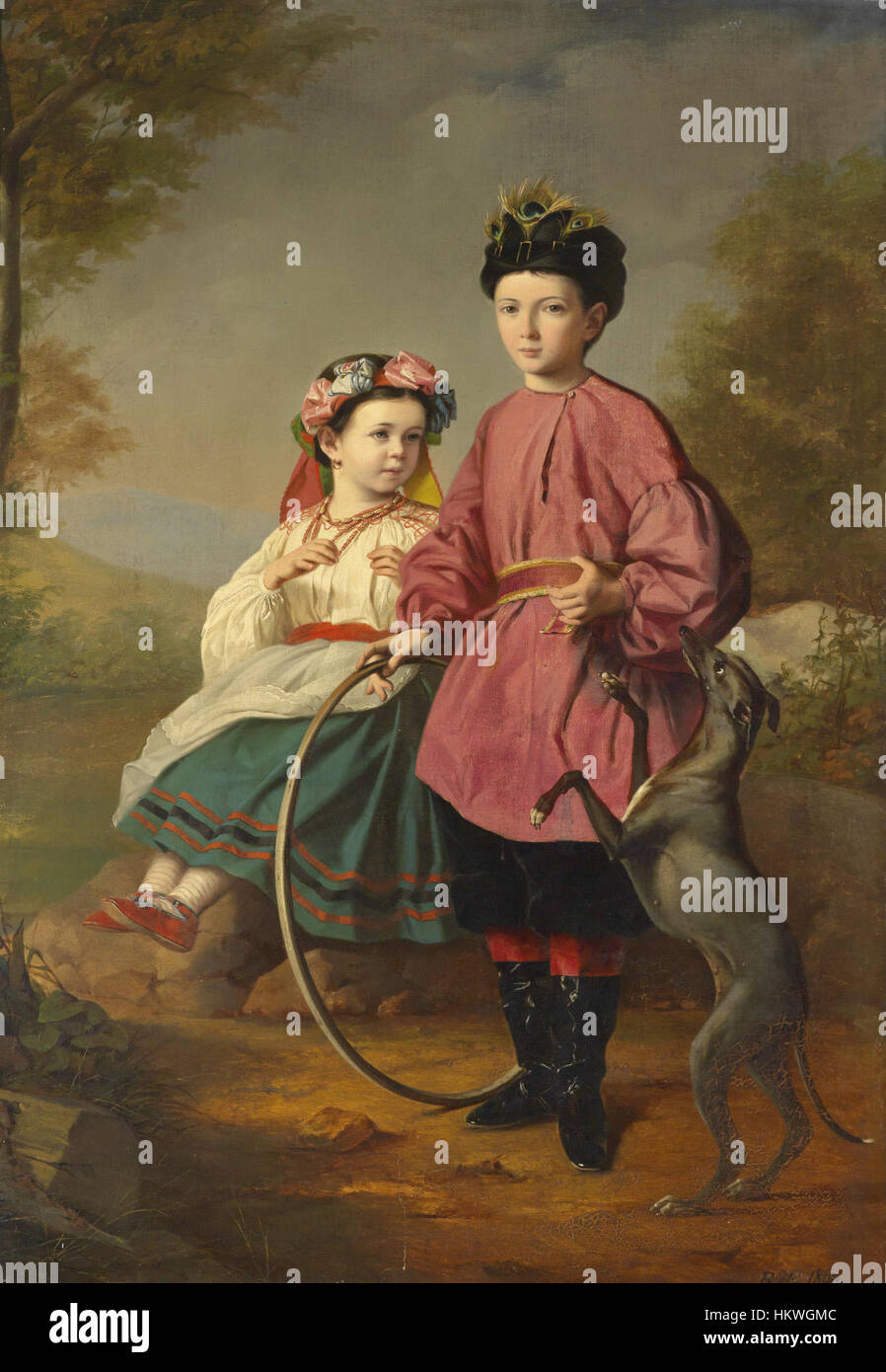 Geschwister mit Windhund und Reifen 1860 Stock Photo