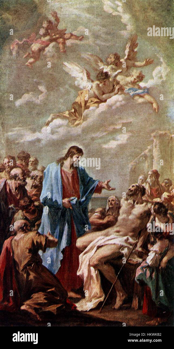 Giovanni Antonio Pellegrini's 'Christ Healing the Paralytic' is an oil painting that portrays Christ performing a miracle of healing. The artwork reflects Baroque style with dramatic use of light and expressive figures. Stock Photo