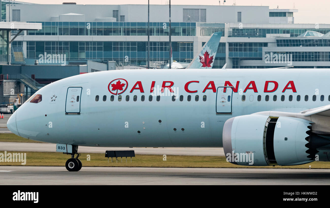 Air Canada plane Boeing 787-9 Dreamliner wide-body jet airliner lands at Vancouver International Airport Stock Photo