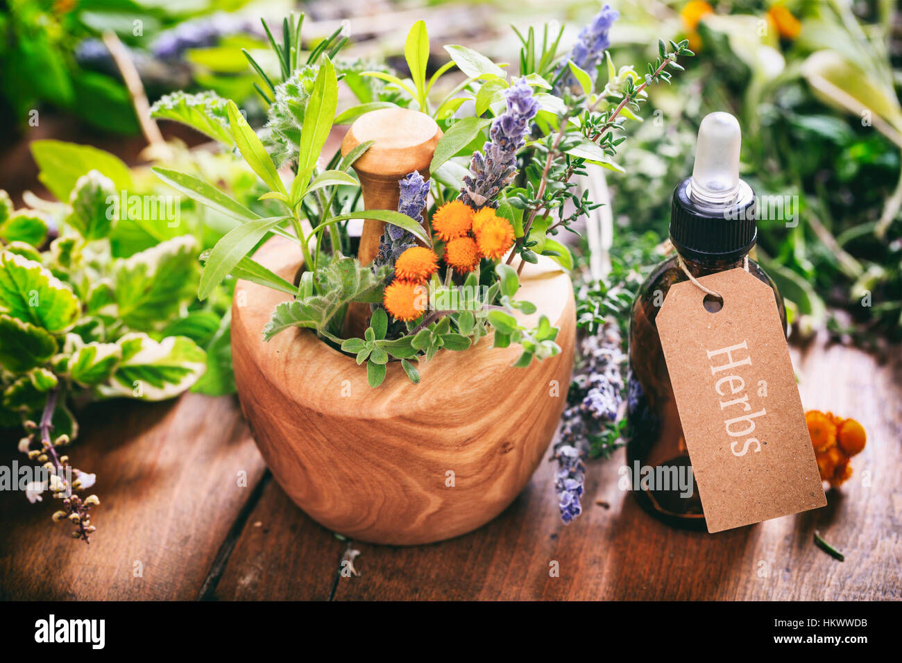 Herbs, essential oil and mortar on a wooden background Stock Photo