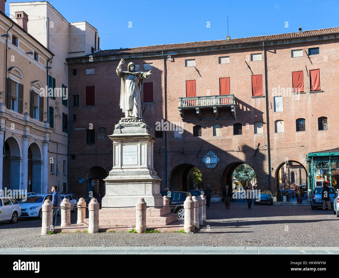 FERRARA, ITALY - NOVEMBER 6, 2012: Sculpture of Savonarola on Piazza Savonarola in Ferrara city . Girolamo Maria Francesco Matteo Savonarola was born  Stock Photo