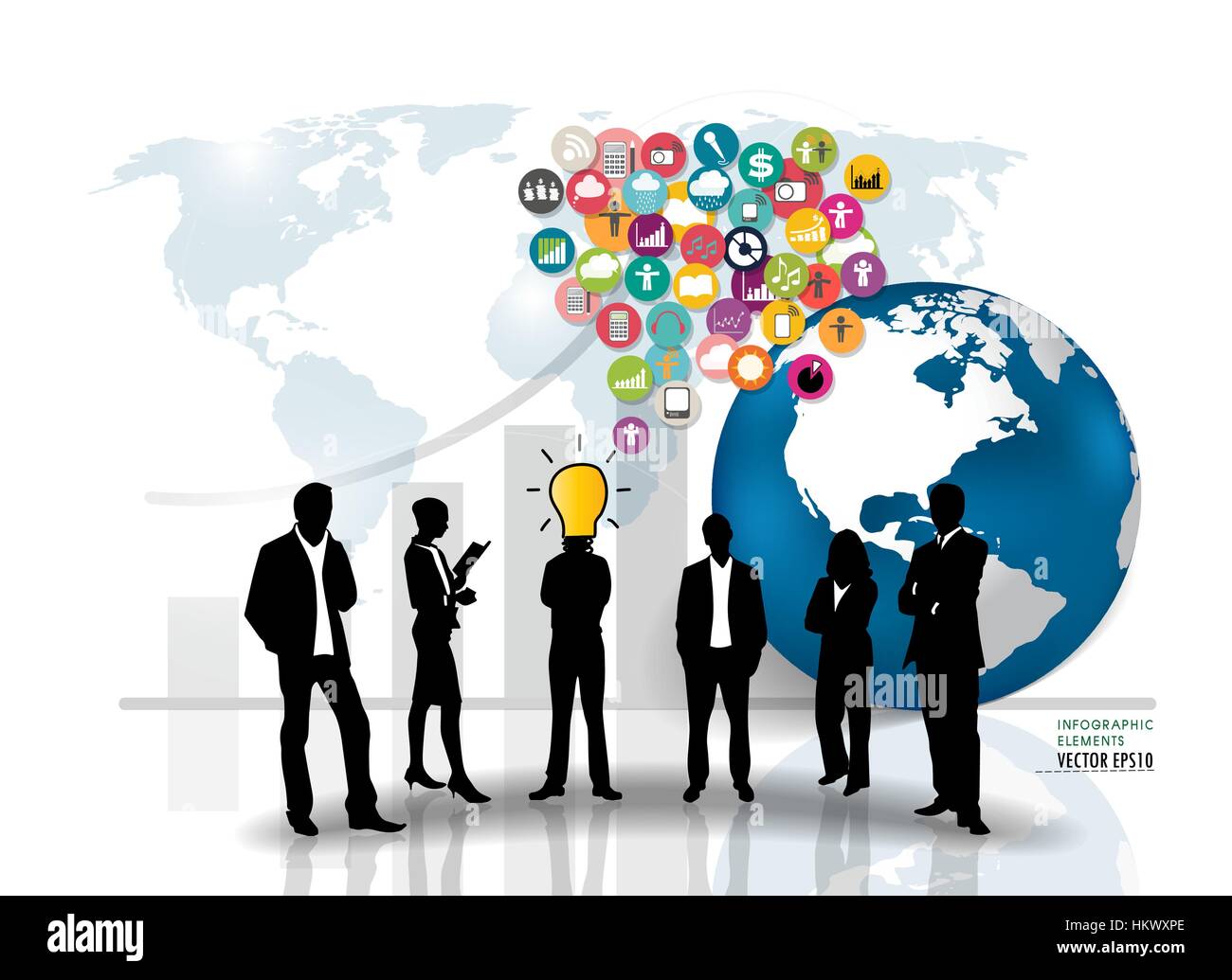 Business people silhouettes with cloud of application icons. Vector ...