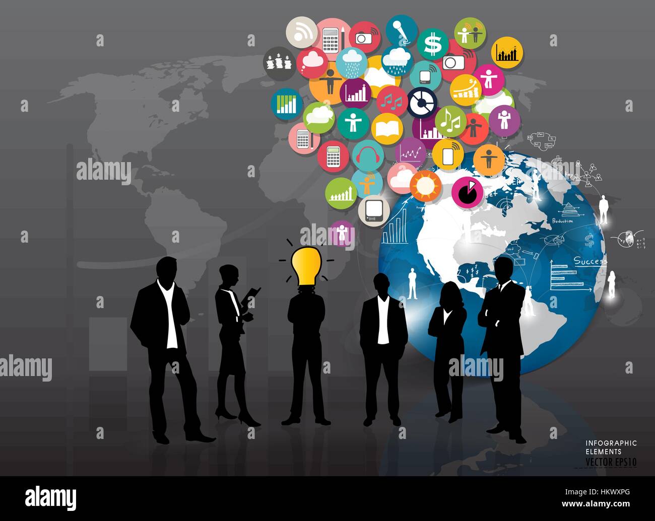 Business people silhouettes with cloud of application icons. Vector ...