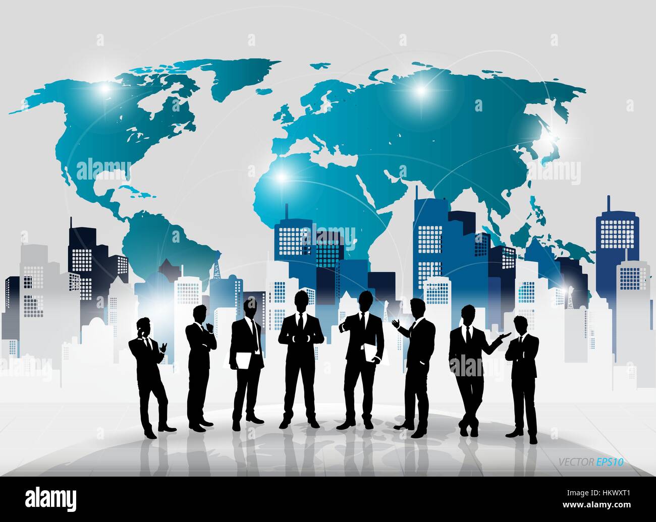 Business people silhouettes with building background. Vector