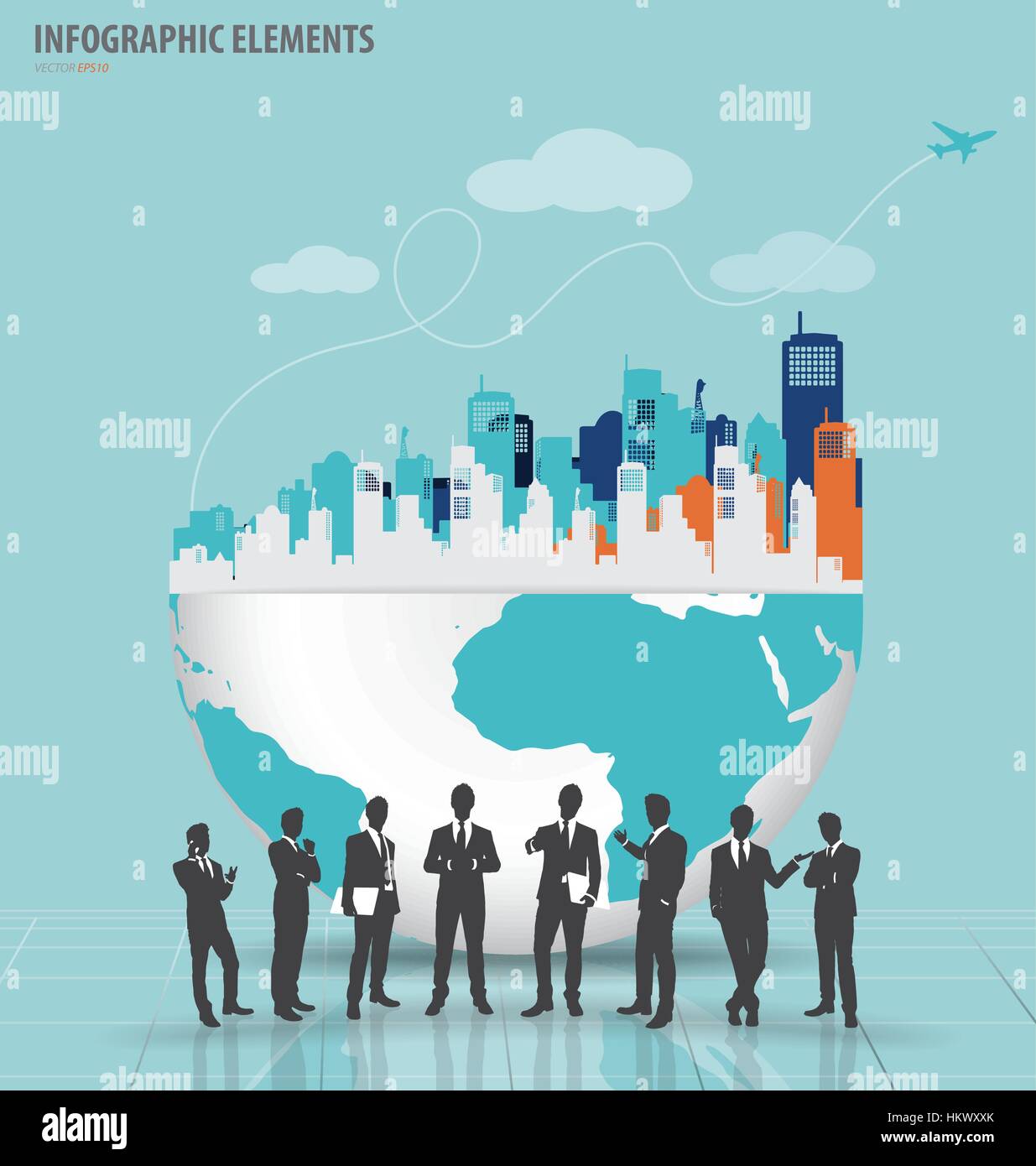 Business people silhouettes with city and modern design globe. Vector ...