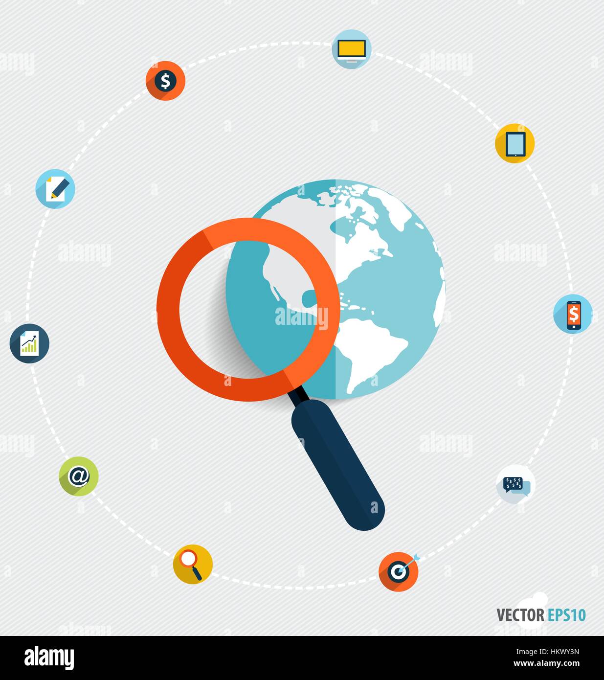 Magnifying glass and globe with application icons, Business working