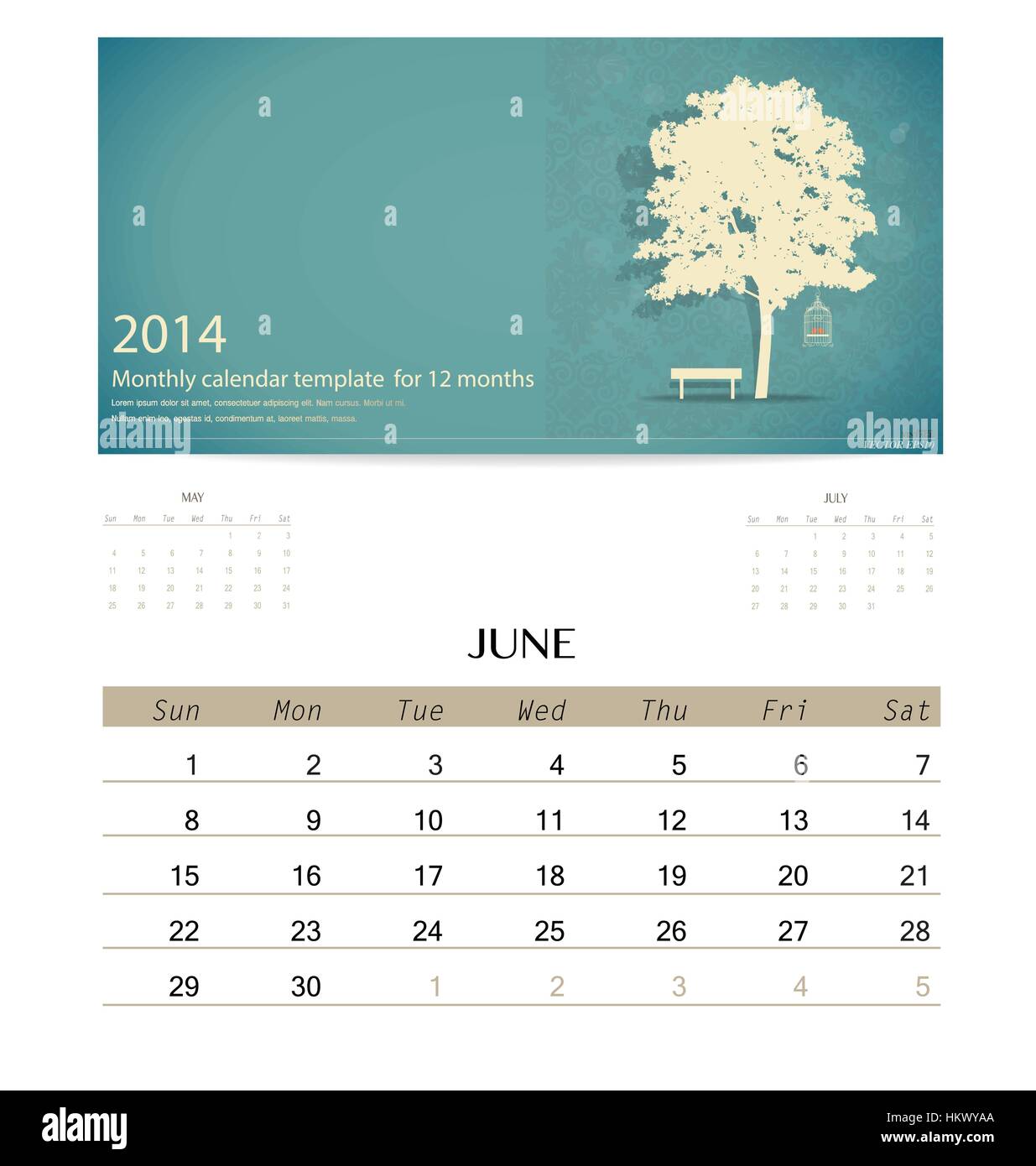 2014 calendar, monthly calendar template for June. Vector illustration ...