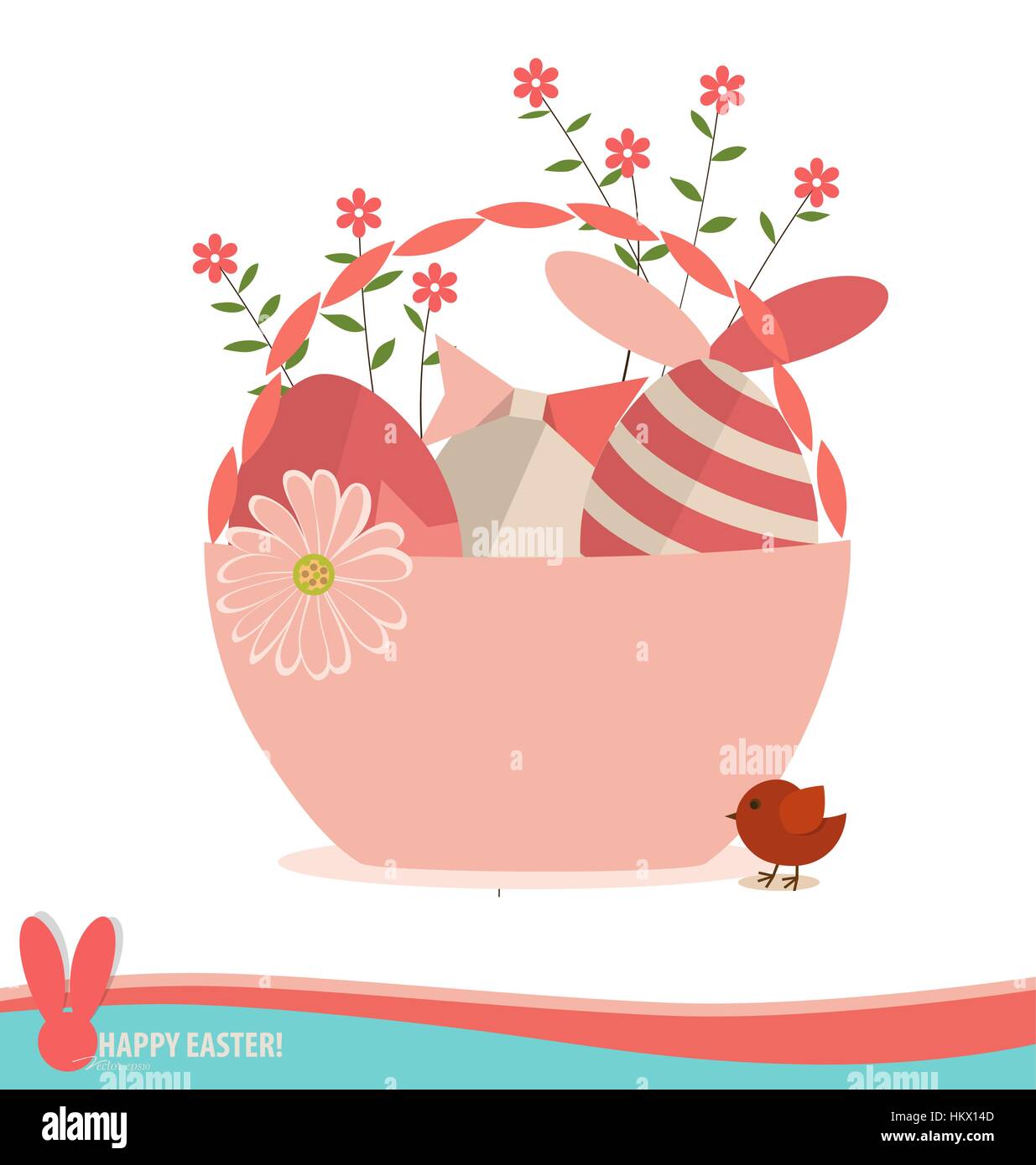 Basket with easter eggs and flower. Vector illustration Stock Vector ...
