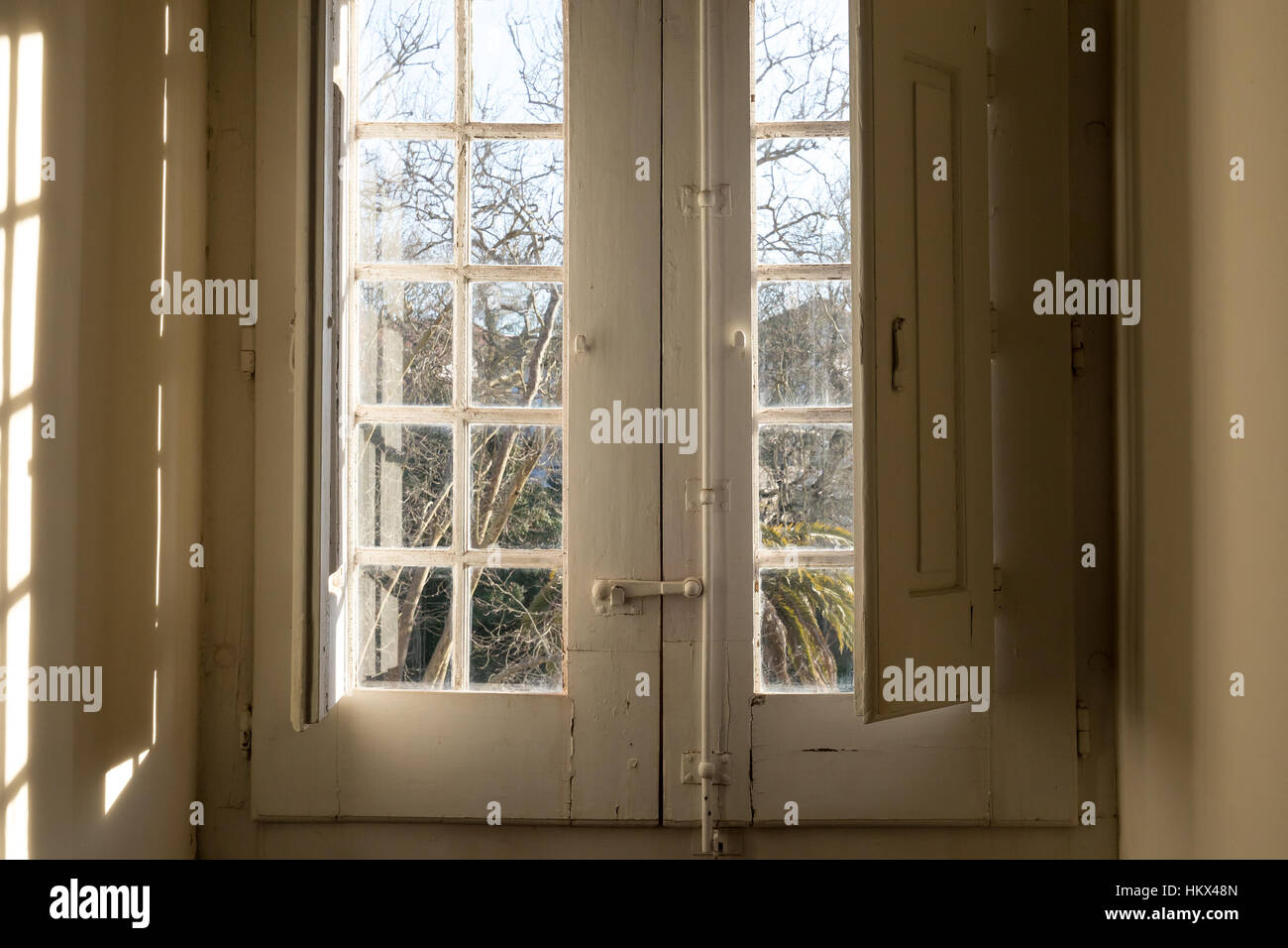 one of the old windows made of wood and paitend in white in Mafra monastery facing the royal