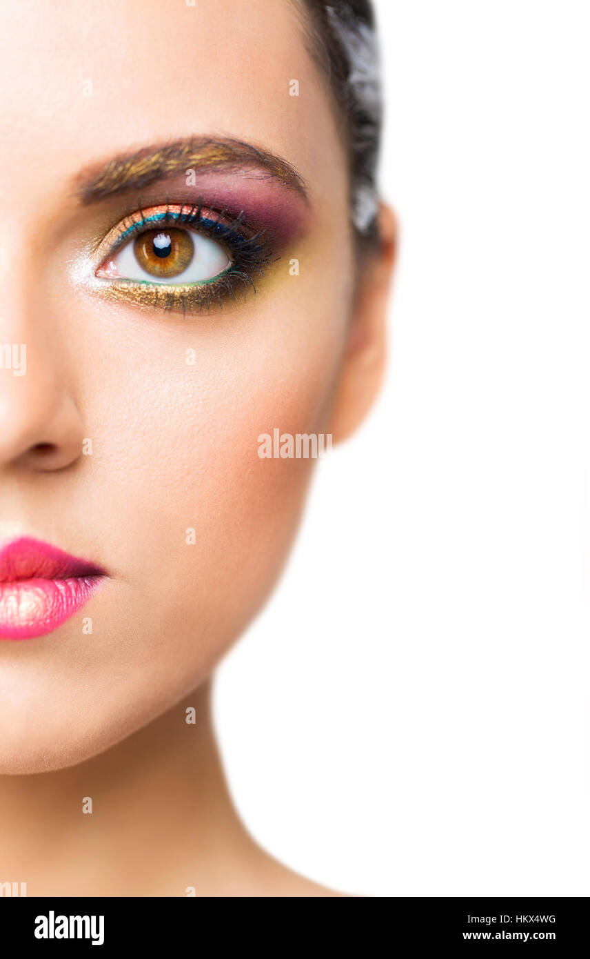 Close up portrait of a beautiful young blond model with bright make up ...