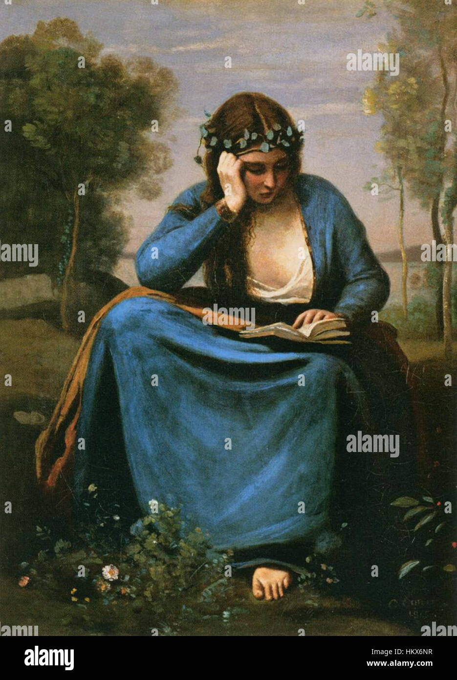 Jean-Baptiste-Camille Corot - The Reader Wreathed with Flowers (Virgil's Muse) - WGA5288 Stock Photo