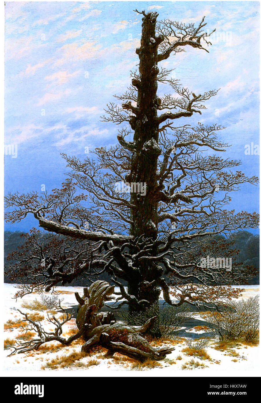 This landscape painting depicts an oak tree in a snowy setting ...