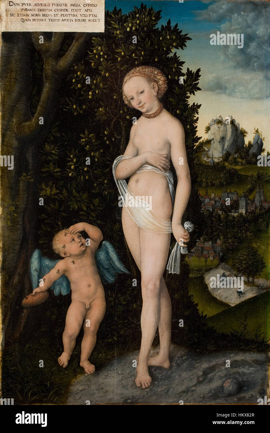 A classic painting titled 'Venus and Cupid as Honey Thieves,' depicting the mythological figures Venus and Cupid in an allegorical scene. Venus is portrayed with Cupid in a playful moment, surrounded by symbolic imagery. Stock Photo