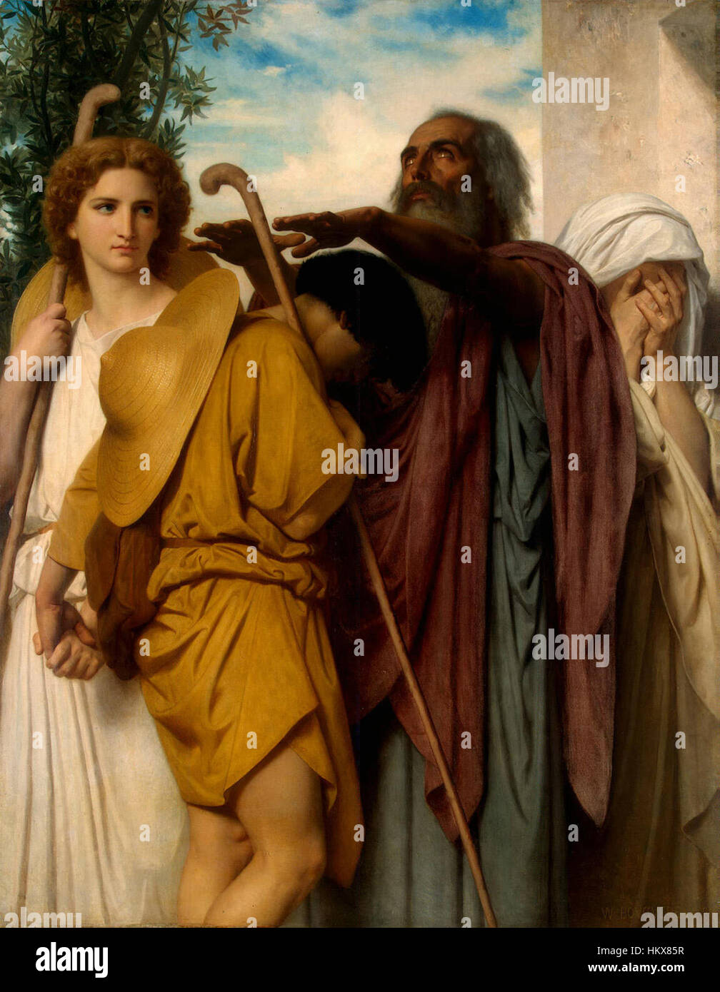 'Tobias Saying Good-Bye to his Father' (1860) by William-Adolphe Bouguereau is an emotional oil painting depicting a poignant farewell. The work is a prime example of Bouguereau’s mastery of realism and his ability to capture human emotion. Stock Photo
