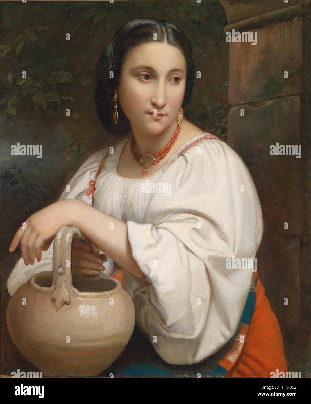 This portrait by William-Adolphe Bouguereau, titled 'Portrait of a Young Roman', depicts a young Roman figure in a classic pose, showcasing the artist's mastery of realistic portraiture and classical themes. Stock Photo
