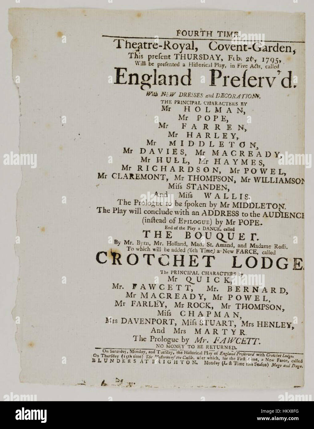 Bodleian Libraries, Playbill of Covent Garden, Thursday, Feb. 26, 1795, announcing England preserv'd &c. Stock Photo