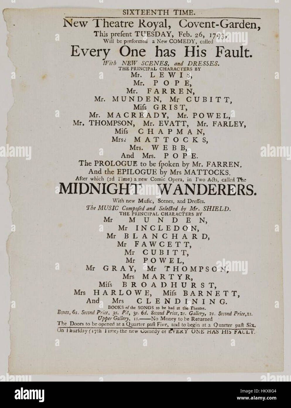 Bodleian Libraries, Playbill of Covent Garden, Tuesday, Feb. 26, 1793, announcing Every one has his fault &c. Stock Photo