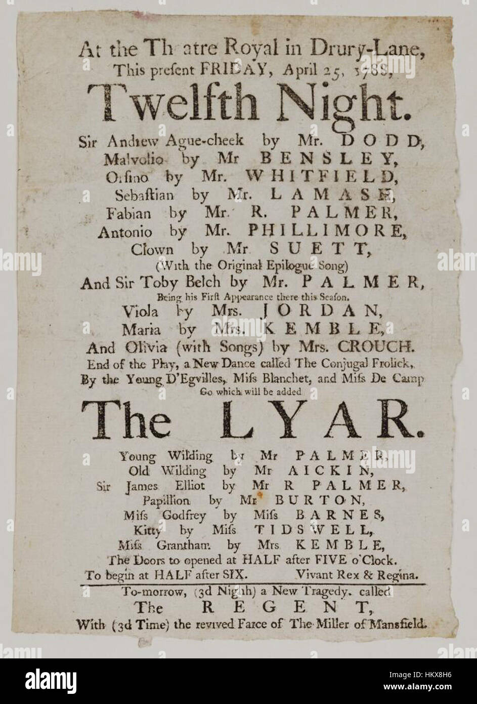 Bodleian Libraries, Playbill of Drury Lane Theatre, Friday, April 25, 1788, announcing Twelfth night &c. Stock Photo