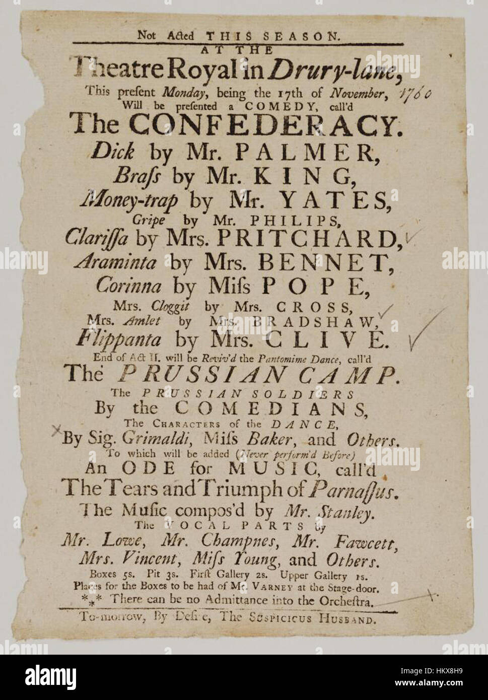 Bodleian Libraries, Playbill of Drury Lane Theatre, Monday, being the 17th of November 1760, announcing The confederacy &c. Stock Photo