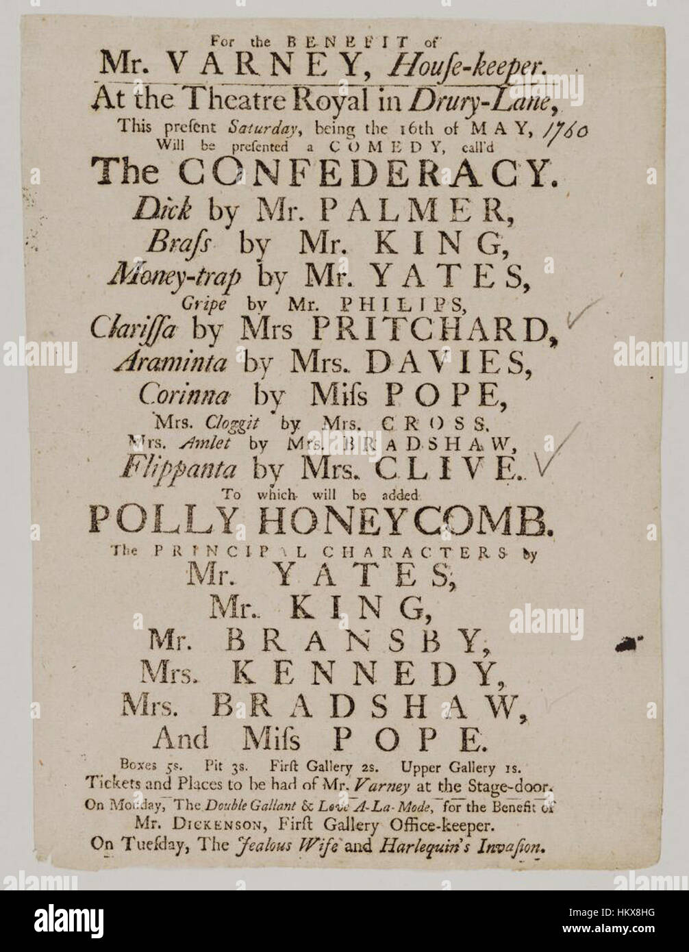 Bodleian Libraries, Playbill of Drury Lane Theatre, Saturday, being the 16th of May 1760, announcing The confederacy &c. Stock Photo