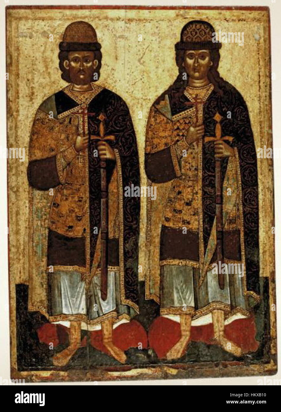 A 14th to 15th-century painting of Boris and Gleb, two Russian saints from Pskov, depicting their martyrdom and religious significance in Russian history. Stock Photo